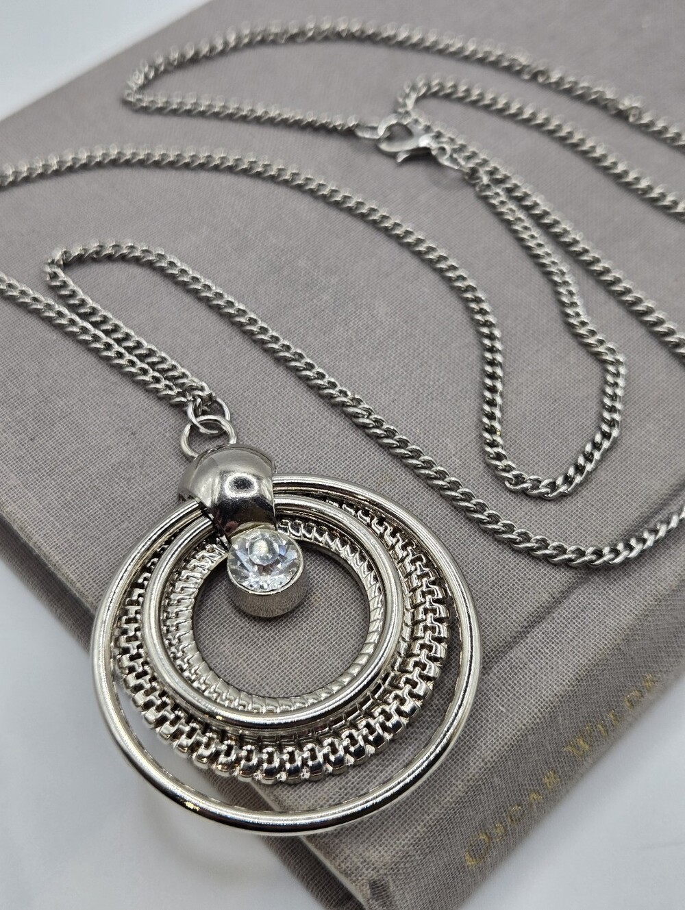 Silvertone Boho Y2k Medallion Pendant Necklace Chain 28" McBling CZ Crystal